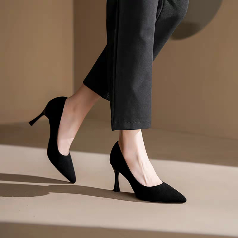 2025年高跟鞋黑色新款礼仪面试尖头绒面百搭通勤职业单鞋工作女鞋