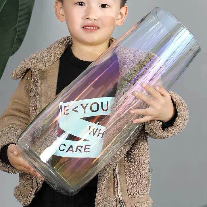 简约彩色玻璃花瓶透明百合花器客厅花盆大号水养插花摆件七彩玻璃