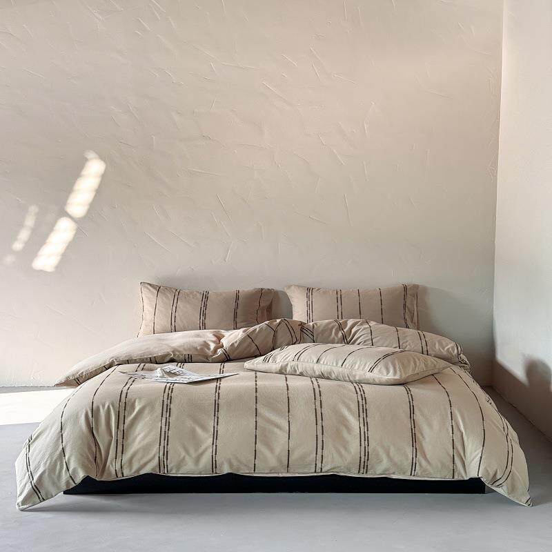 软糯睡感全棉色织提花床上用品四件套简约轻奢线条裸睡被套床单