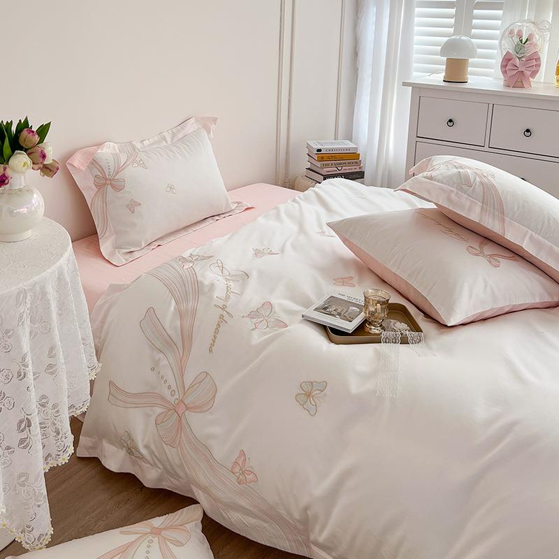 粉色少女心贡缎长绒棉纯棉四件套蝴蝶刺绣花全棉床单被套床品