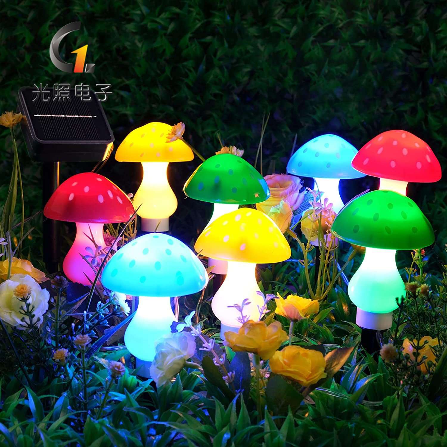 跨境太阳能蘑菇灯串户外花园庭院圣诞装饰灯led蘑菇草坪地插灯