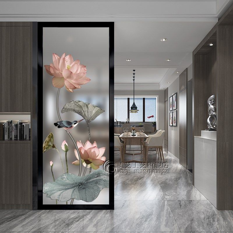 艺术玻璃屏风隔断现代风格玄关背景磨砂透光面钢化工艺荷花