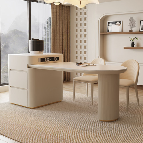 意式轻奢伸缩岛台餐桌一体法式奶油风家用小户型圆弧岩板岛台定制