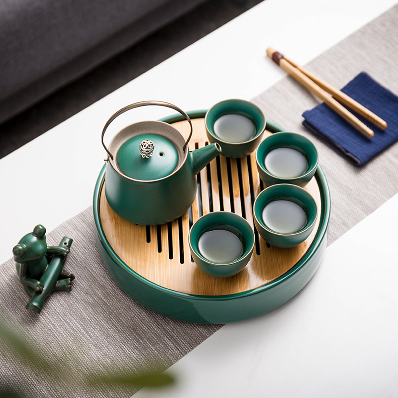 复古绿釉小号茶壶日式粗陶功夫茶具套装轻奢高档四杯陶瓷茶盘茶杯