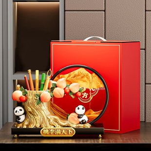 中国风熊猫笔筒流沙画装饰品高档办公桌面收纳摆件毕业礼物送老师