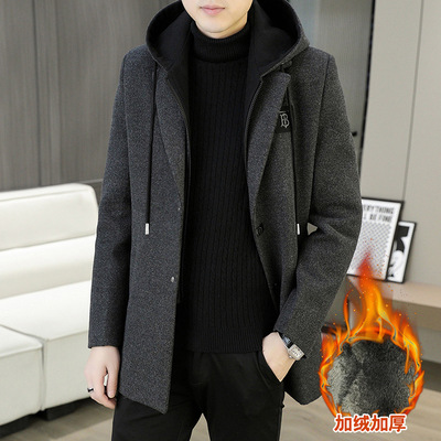 秋冬季中长款毛呢大衣男士潮流加绒加厚连帽呢子风衣冬装保暖外套