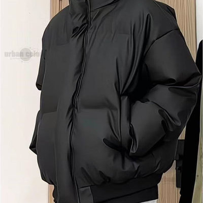美式立领情侣棉衣外套加厚羽绒棉服高街宽松短款pu皮面包服男冬季