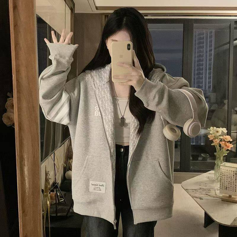 美式印花开衫连帽卫衣外套男女春秋新款运动学生潮牌情侣拉链上衣