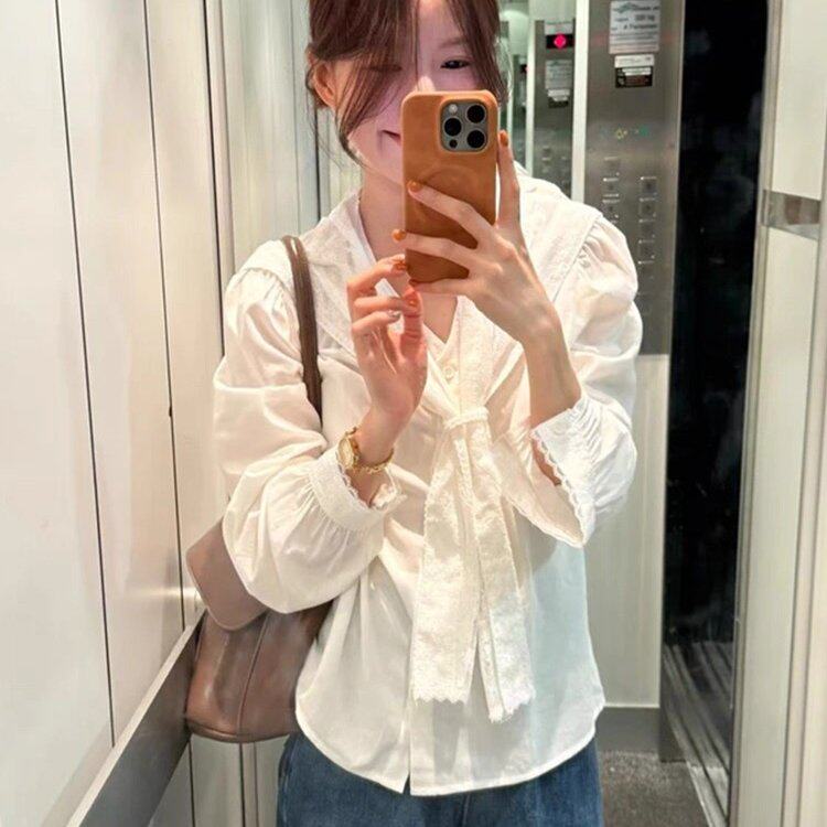 法式白色长袖衬衫女早秋2025新款巨好看的小衫高级感chic别致上衣