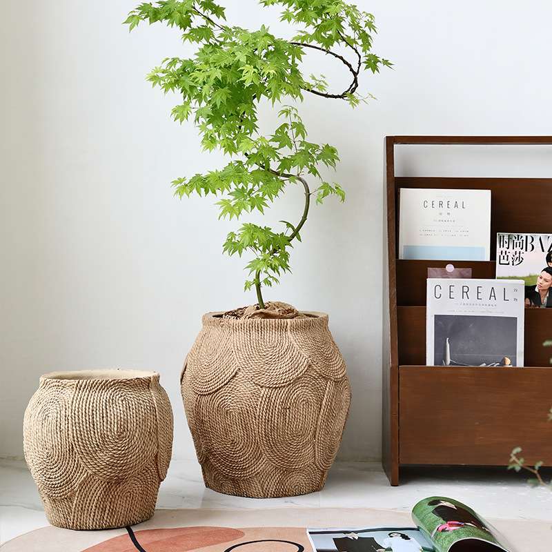 仿蒲草水泥花盆编织草编藤编日式绿植大号落地盆栽复古原木风日式
