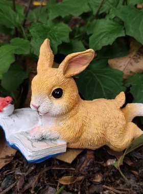 创意动物花园庭院装饰小兔子看书动物摆件窗台盆景造景树脂摆设