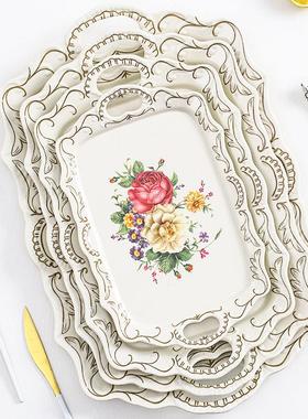 托盘长方形双耳创意密胺浮雕端盘家用客厅水杯茶杯茶盘水果拖盘餐