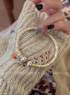 GTMU足银9柿柿如意南瓜头描金手镯新中式国风吉言银镯子送女友