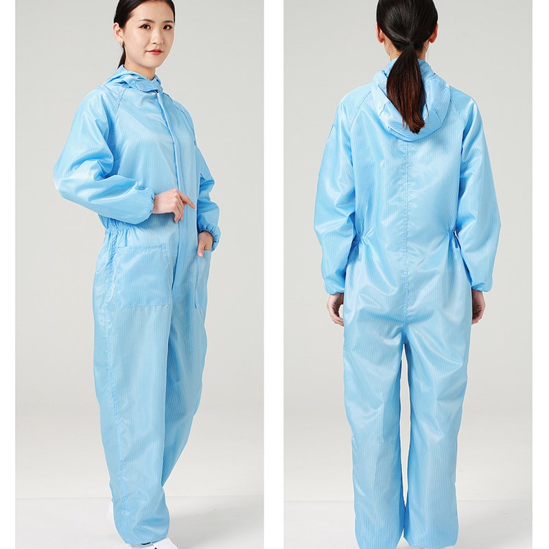 无尘服防静电连身服口袋全身防尘衣蓝白不沾毛工作服喷漆防护衣男