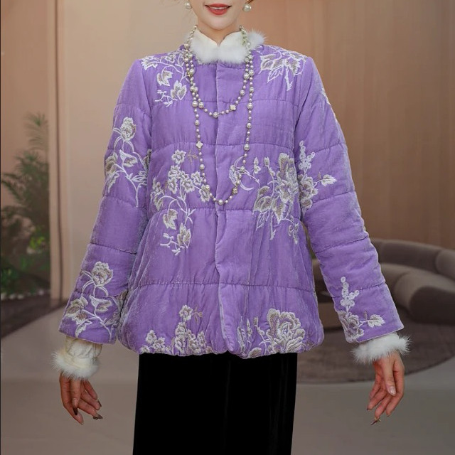 桑蚕丝丝绒新中式刺绣棉服外套