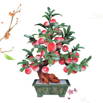 玉石雕刻桃树客厅玉器花架装饰品新中式寿桃蟠桃树茶几玉雕大摆件