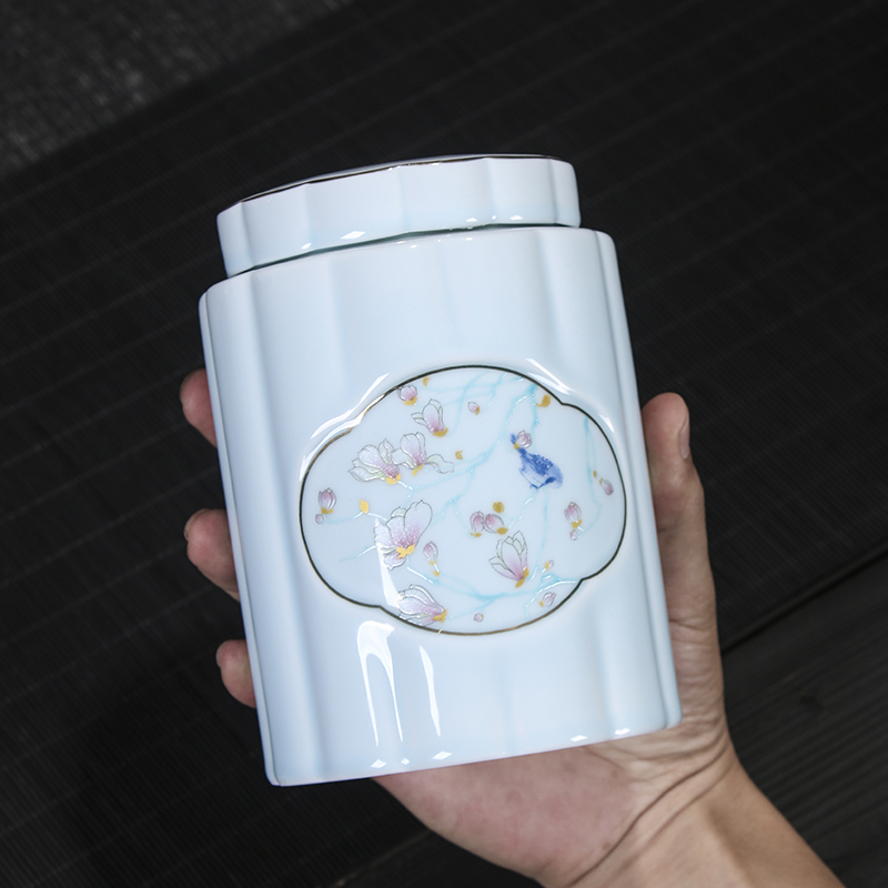 原源青瓷直桶陶瓷茶叶罐绿茶西湖龙井防潮密封罐中号家用存茶缸