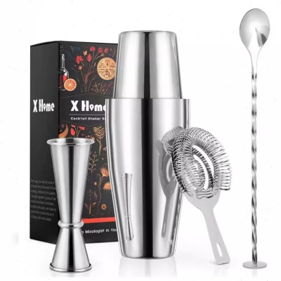 新款入门级不锈钢调酒器4件套波士顿鸡尾酒调制工具包三段摇酒壶