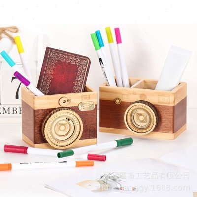 木质笔筒木制学习学生文具笔筒创意复古相机双笔筒公室收纳笔筒