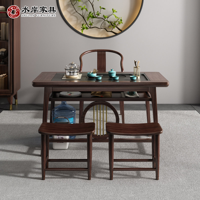 阳台小型茶桌椅组合黑胡桃色中式办公室泡茶桌乌金木家用简约茶台