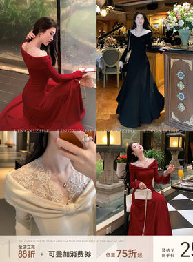 凌茜恣禾红色圣诞穿搭法式针织加厚连衣裙秋冬蕾丝一字肩千金长裙