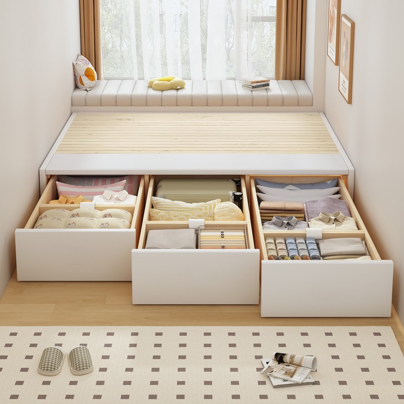 无床头箱体抽屉卧室地台床v排骨架高箱储物床全实木榻榻米可定制