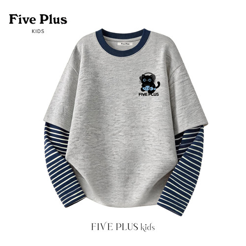 Five Plus儿童长袖t恤2026新款童装小女孩洋气上衣男童假两件秋装