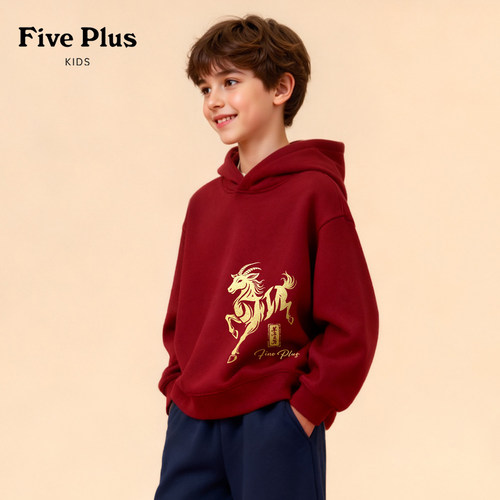 Five Plus男童连帽卫衣加绒儿童上衣2027新款羊年小男孩红色冬装