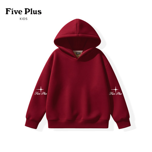 Five Plus男童红色连帽卫衣2026新款男孩加绒上衣儿童一体绒衣服