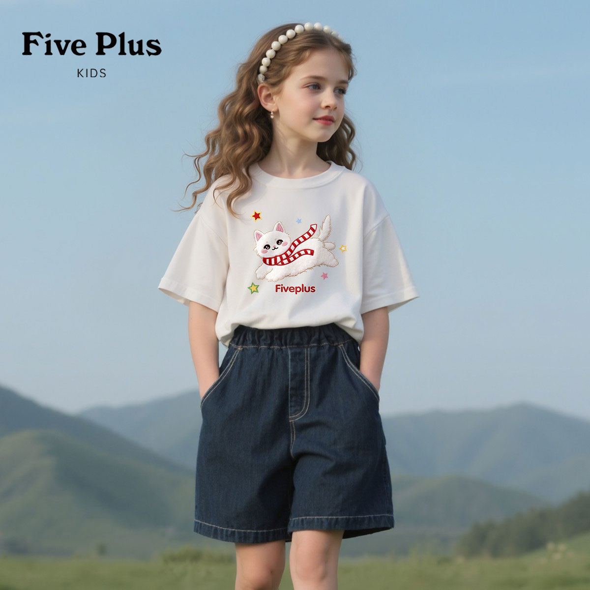 Five Plus童装女童纯棉白色t恤2026新款夏装女孩短袖儿童半袖上衣