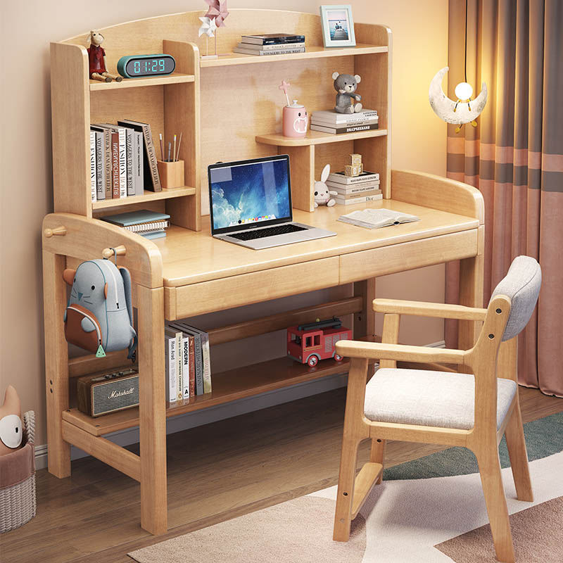 升降儿童桌椅套装学生学习书桌书架组合实木学习桌简约家用写字台