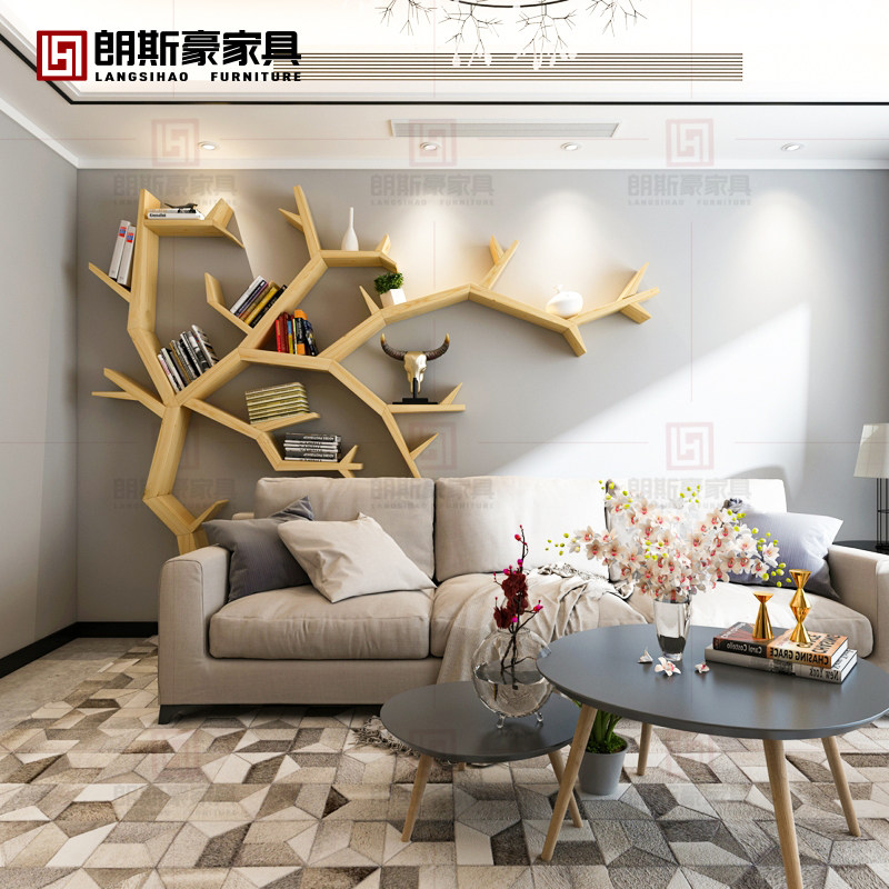 实木树形书架墙上落地置物架创意收纳架客厅书房沙发后背景墙装饰