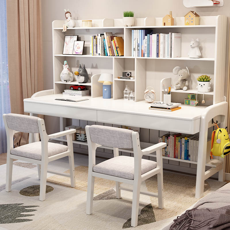 实木可升降双人儿童学习书桌书架一体简约家用卧室高中生写字书桌