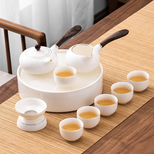 描金羊脂玉瓷功夫侧把茶具套装家用白瓷盖碗整套干泡玉石陶瓷茶盘
