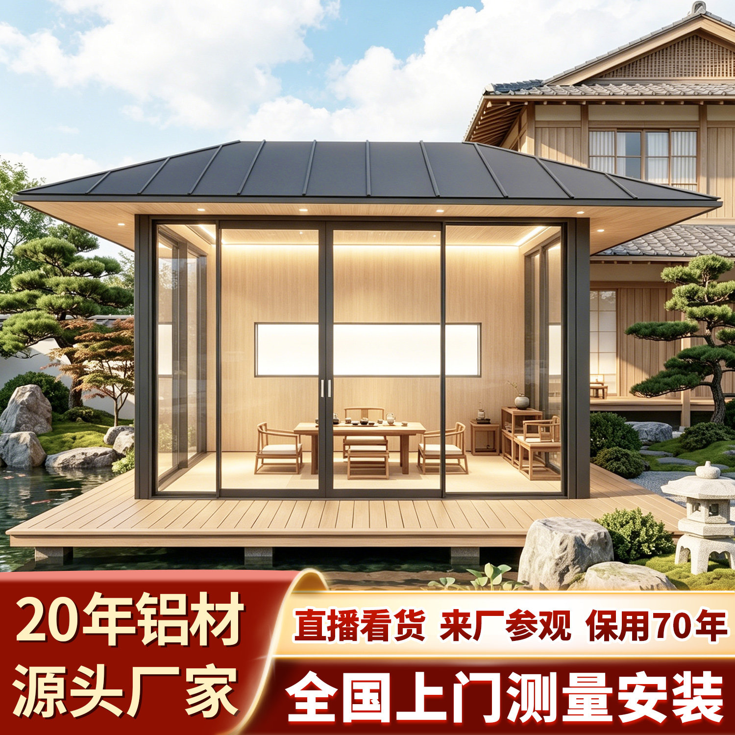 日式铝合金阳光房玻璃凉亭户外庭院别墅花园庭院日式茶室阳光房