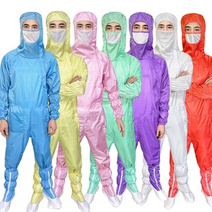 百级网格无尘服连体洁净车间防尘工作服带背标有口袋防静电橙蓝色