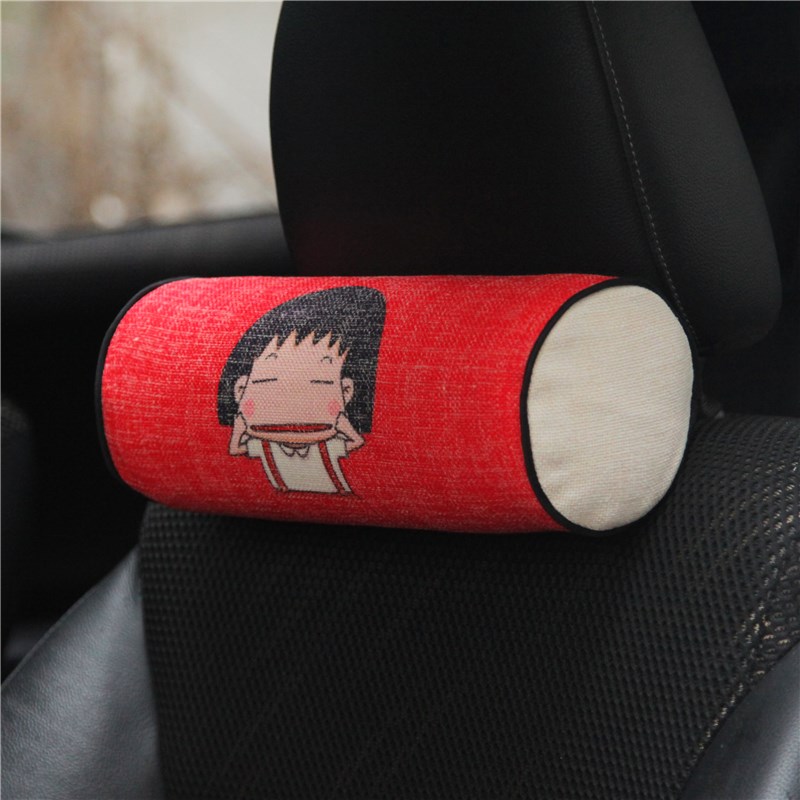樱桃小丸子头枕腰靠垫棉麻记忆棉亚麻靠背护腰垫座椅创意汽车用品