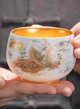 24k周鸿杰大师茶杯龙凤对杯主人杯茶杯鎏纯金高端个人金丝龙凤杯