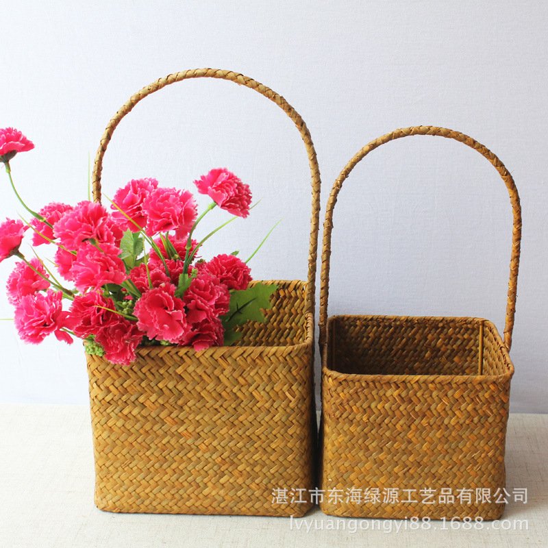 001L 海草编织提手花篮席草民间工艺品礼品 春节元旦装饰海草提篮