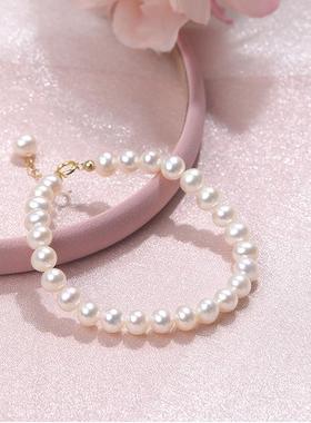 天然强光无核淡水珍珠手链进口14K包金不褪色吊坠弹簧扣手环