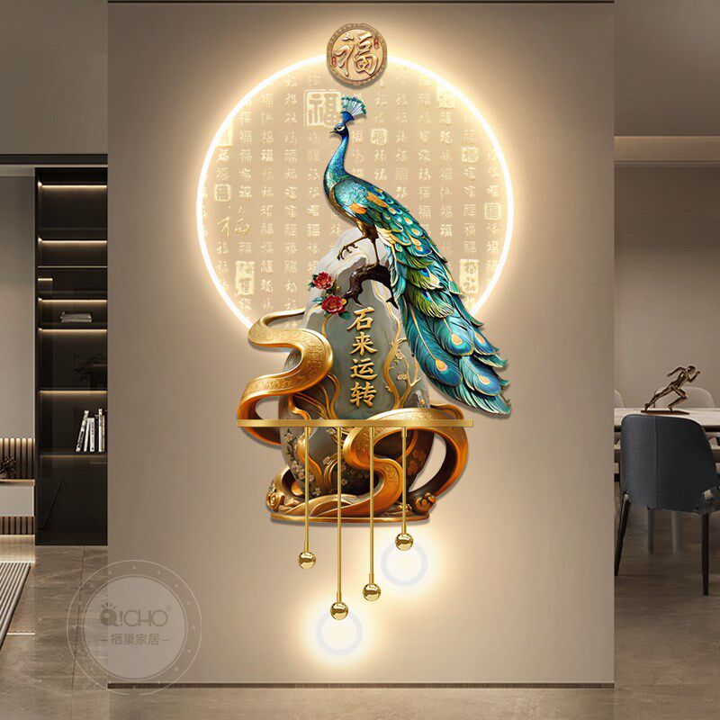 轻奢孔雀玄关装饰画客厅格栅百福图LED带灯挂画走廊立体发光壁画