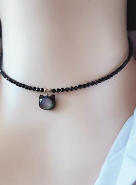 14k包金天然超闪黑尖晶石贝壳小猫头锁骨链精致百搭短颈带不掉色