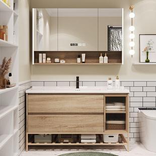 原木色陶瓷一体智能浴室柜镜柜组合化妆室落地式 浴柜洗脸洗手盆