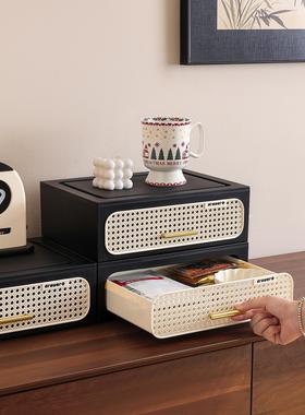 中古风玄关藤编收纳盒抽屉式入户门客厅鞋柜装饰摆件化妆品置物架