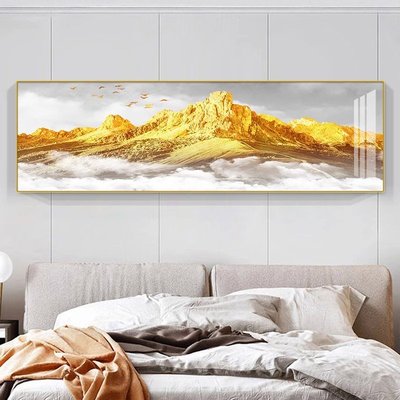 现代简约背靠金山山水风景床头画轻奢温馨主卧室房间客厅装饰挂画