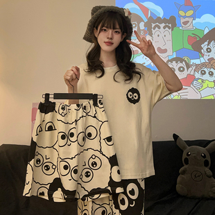 家居服 网红可爱卡通套头睡衣女夏季 纯棉短袖 长裤 三件套慵懒风薄款