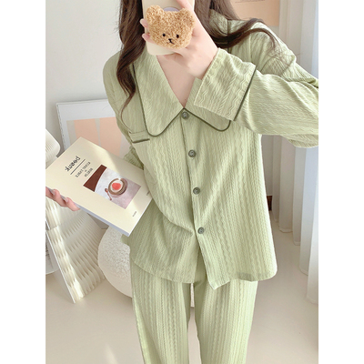 简约高级感纯色睡衣女春秋季2025年新款长袖套装带胸垫一体家居服