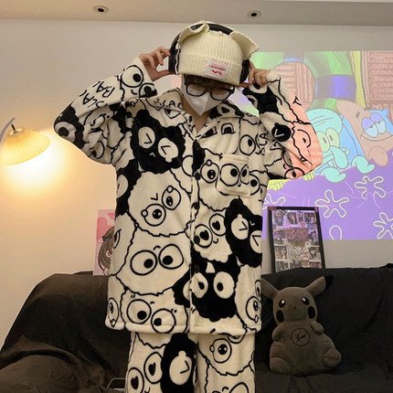 秋冬季睡衣男珊瑚绒加厚加绒韩版卡通青少年大码法兰绒家居服套装