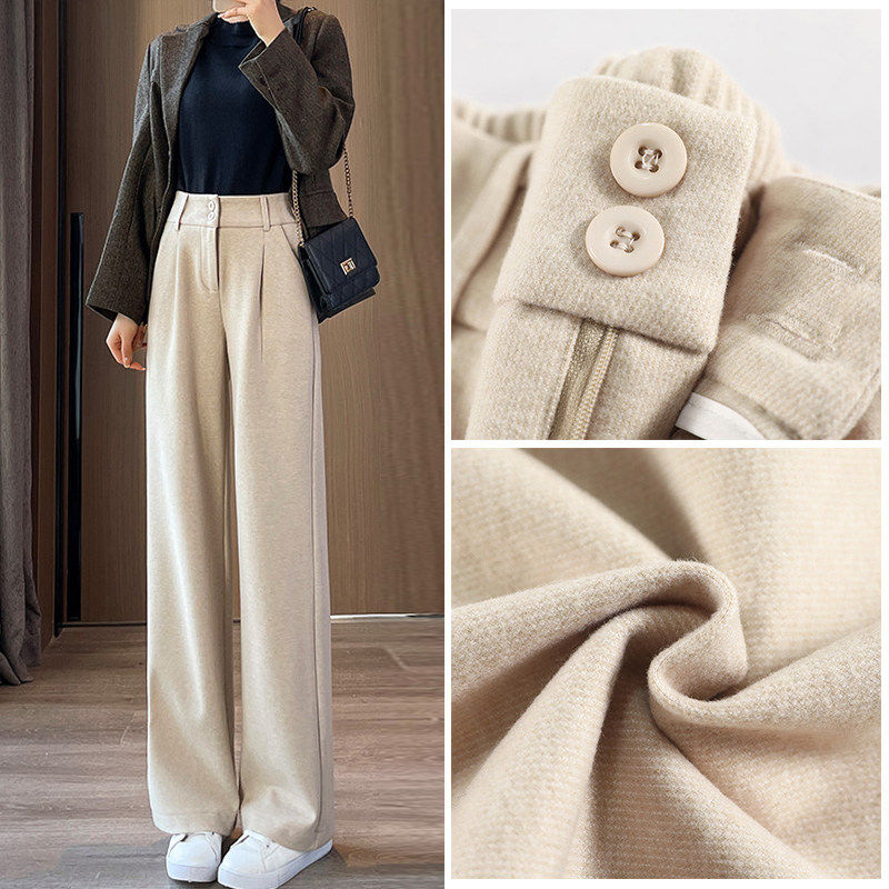 加绒毛呢阔腿裤女秋冬2025新款直筒宽松高腰冬季休闲 裤加厚裤子
