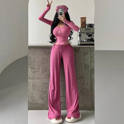 YoungGirlDay纯欲慵懒风低腰垂感修身显瘦直筒阔腿休闲裤拖地长裤